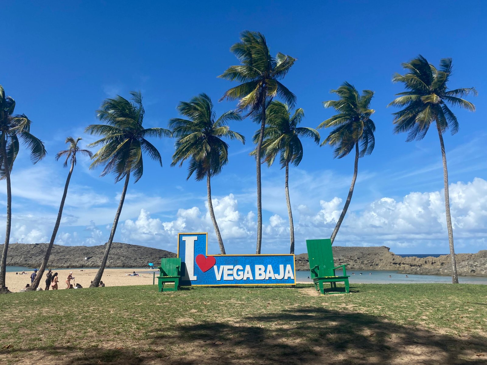 la playa puerto nuevo, palmeras y un letrero que dice i love vega baja