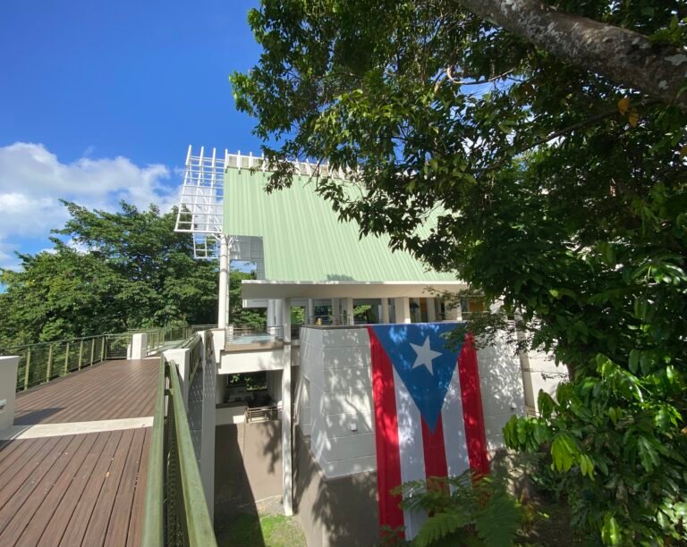 entrada hacia El Portal de El Yunque, centro de visitantes donde tienen la bandera de Puerto Rico
