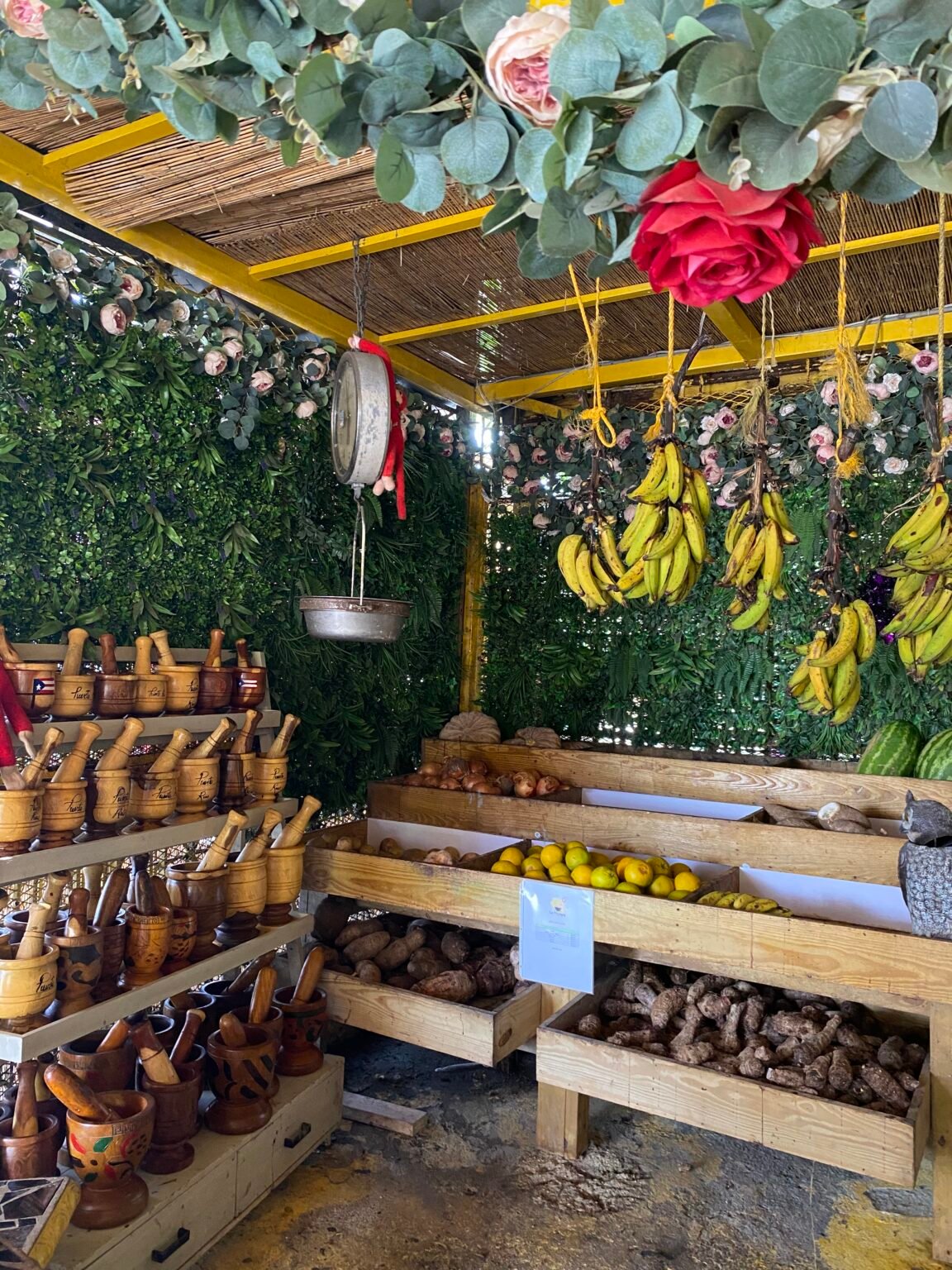 El interior de la frutera flores. Tiene guineos , naranjas, verduras y pilones.