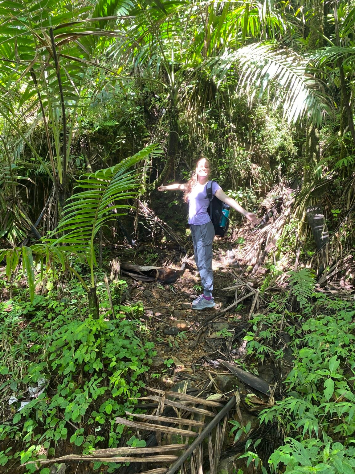 La mujer está rodeada por los árboles y palmas de sierra de El Yunque