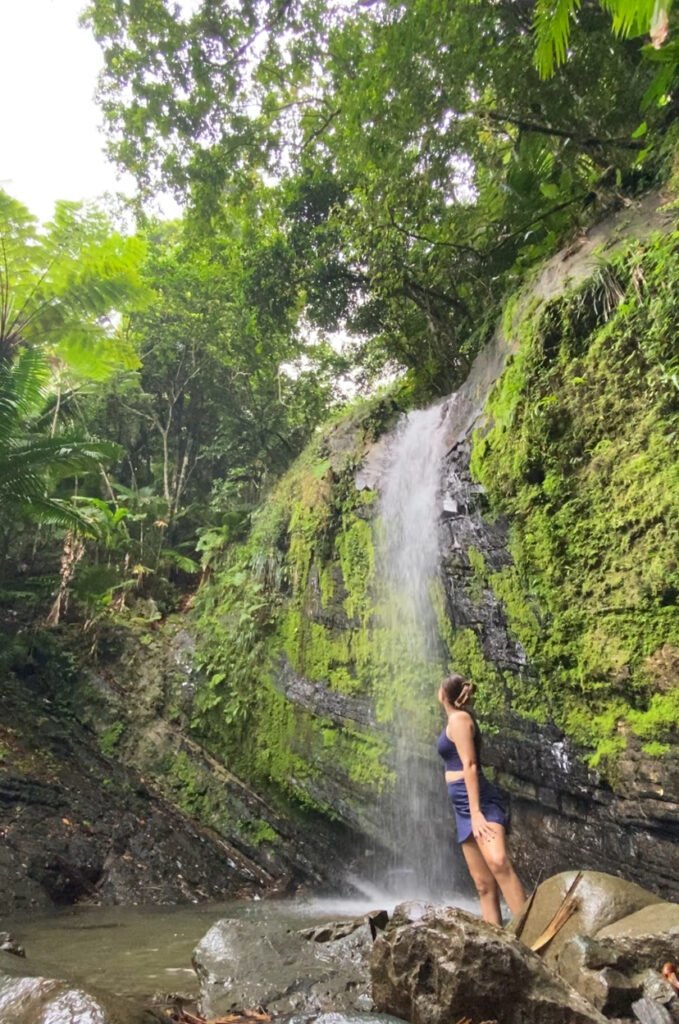 la mujer está de pie mirando la cascada de Juan Diego