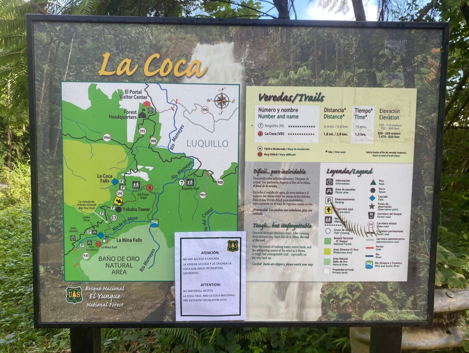letrero de la entrada, distancia y tiempo de la vereda La Coca