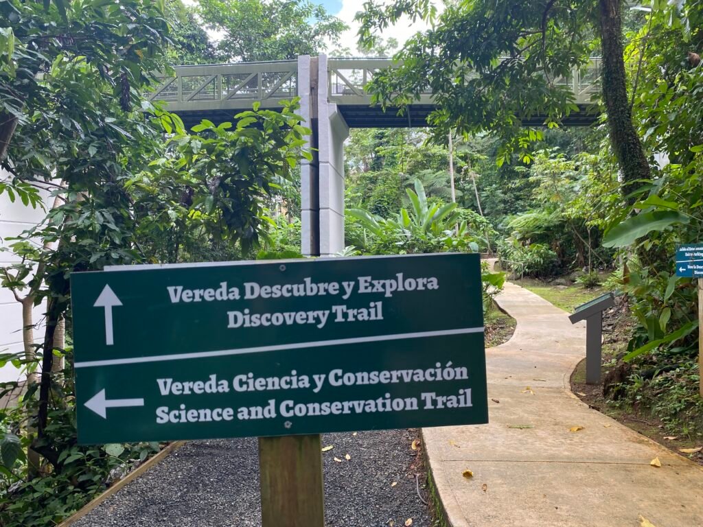 puente y letrero ubicados dentro del portal, centro de visitantes del yunque
