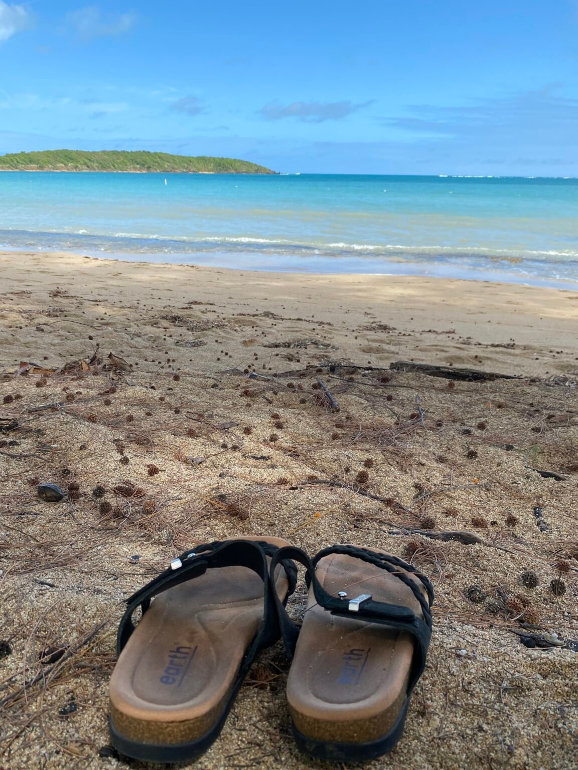 un par de sandalias en la arena y la playa seven seas