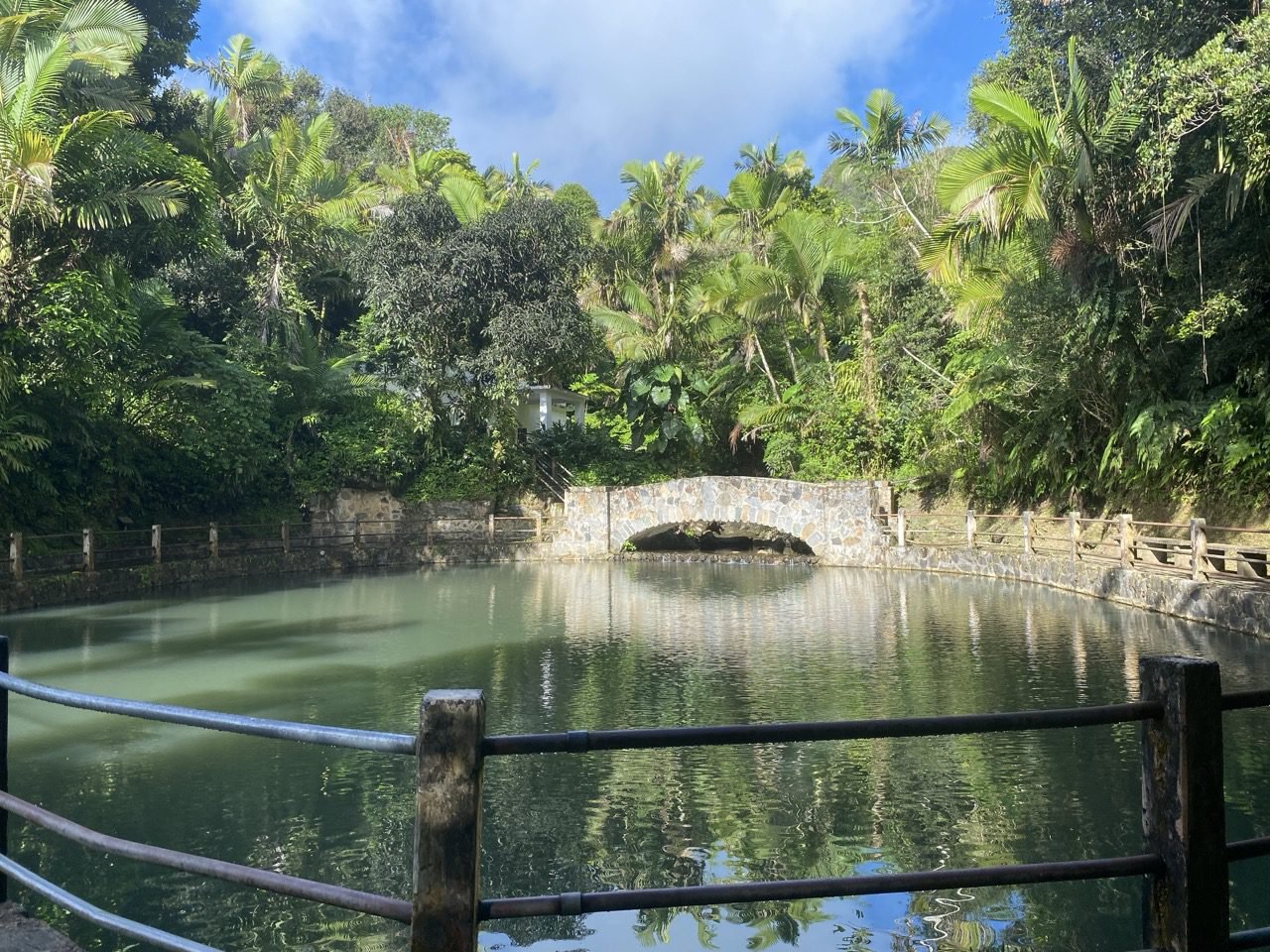 sitio histórico de baño grande con su piscina y puente de piedra
