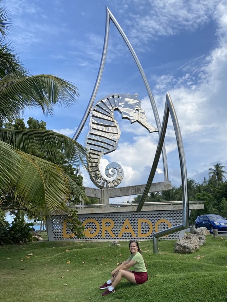 joven sentada en la grama frente a la escultura de un caballo de mar y las letras de dorado
