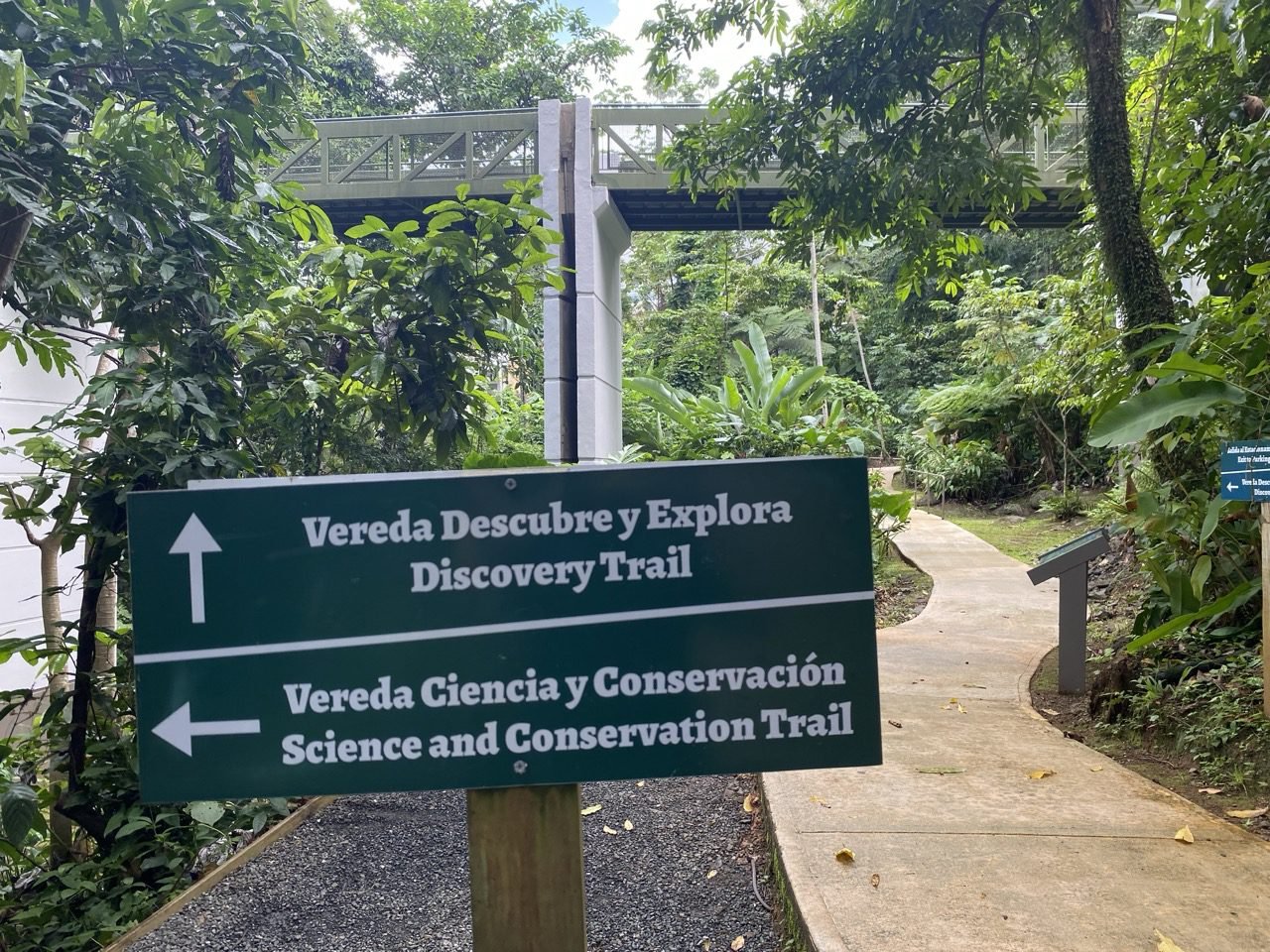 letrero de las veredas en el centro de visitantes el portal del yunque, la vereda en cemento y su icónico puente