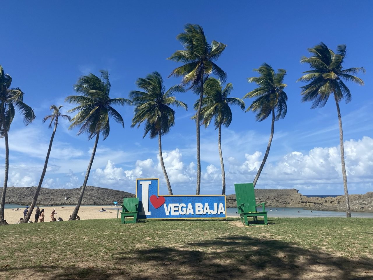 la playa puerto nuevo, palmeras y un letrero que dice yo amo vega baja
